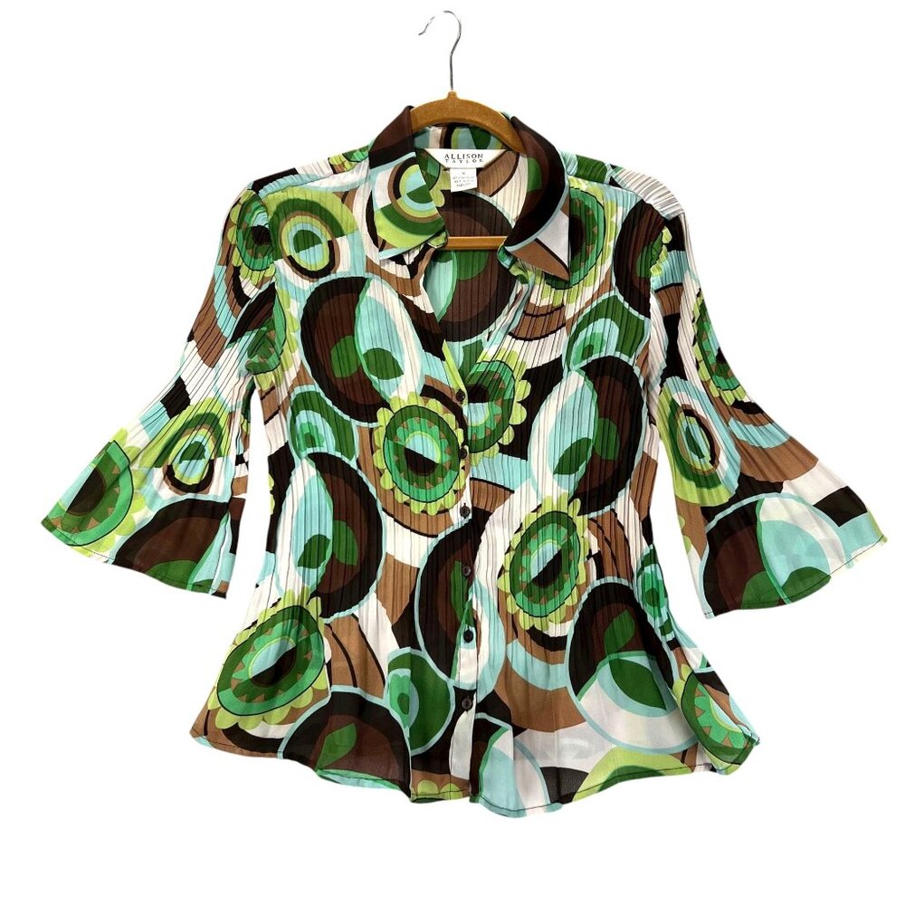 Allison Taylor Blouse Boho Hippie Green Abstract 3/4 Bell Sleeve Pleated Med Top